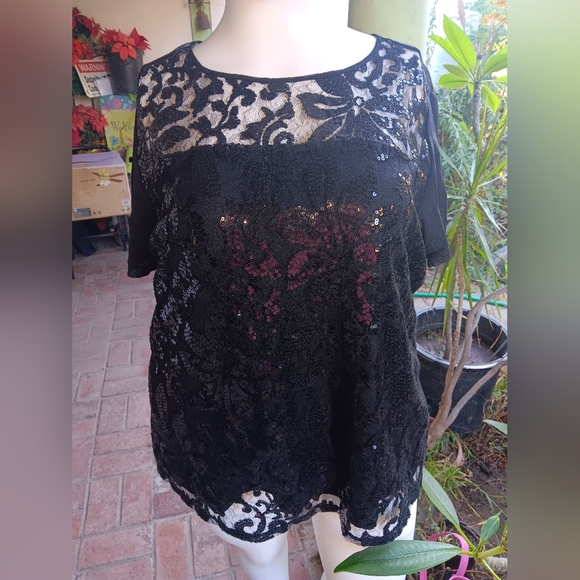 INC International Concepts Black Sequin Lace Blouse - Picture 1 of 8